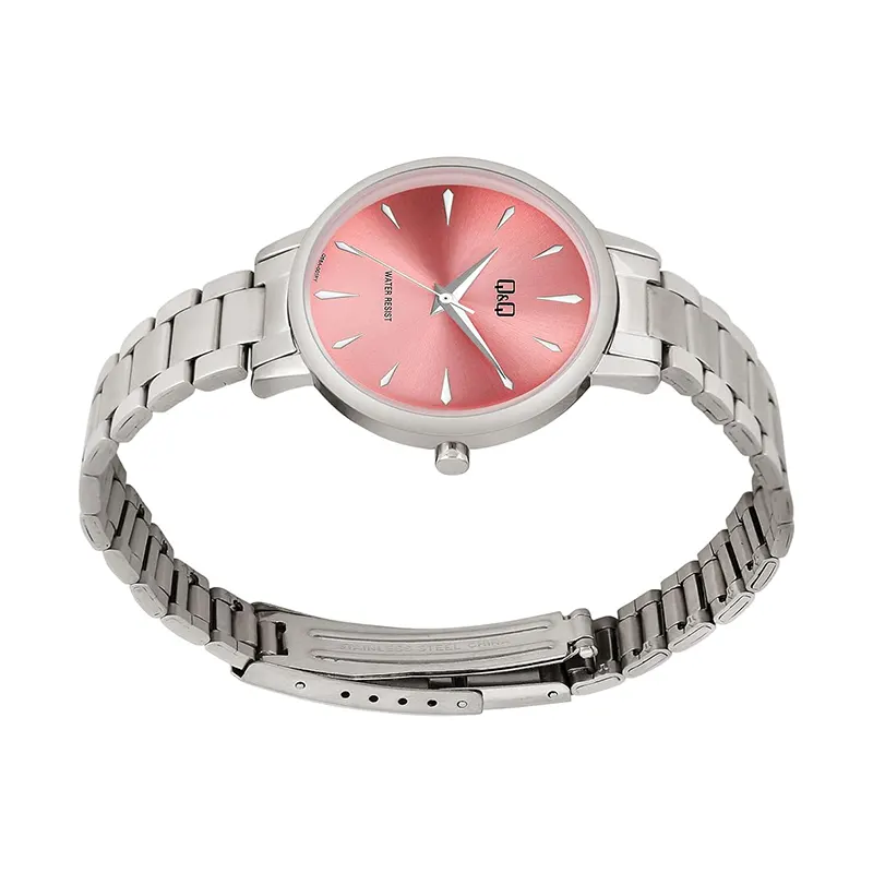 Q&Q Pink Dial Silver Quartz Ladies Watch- Q56A-001PY